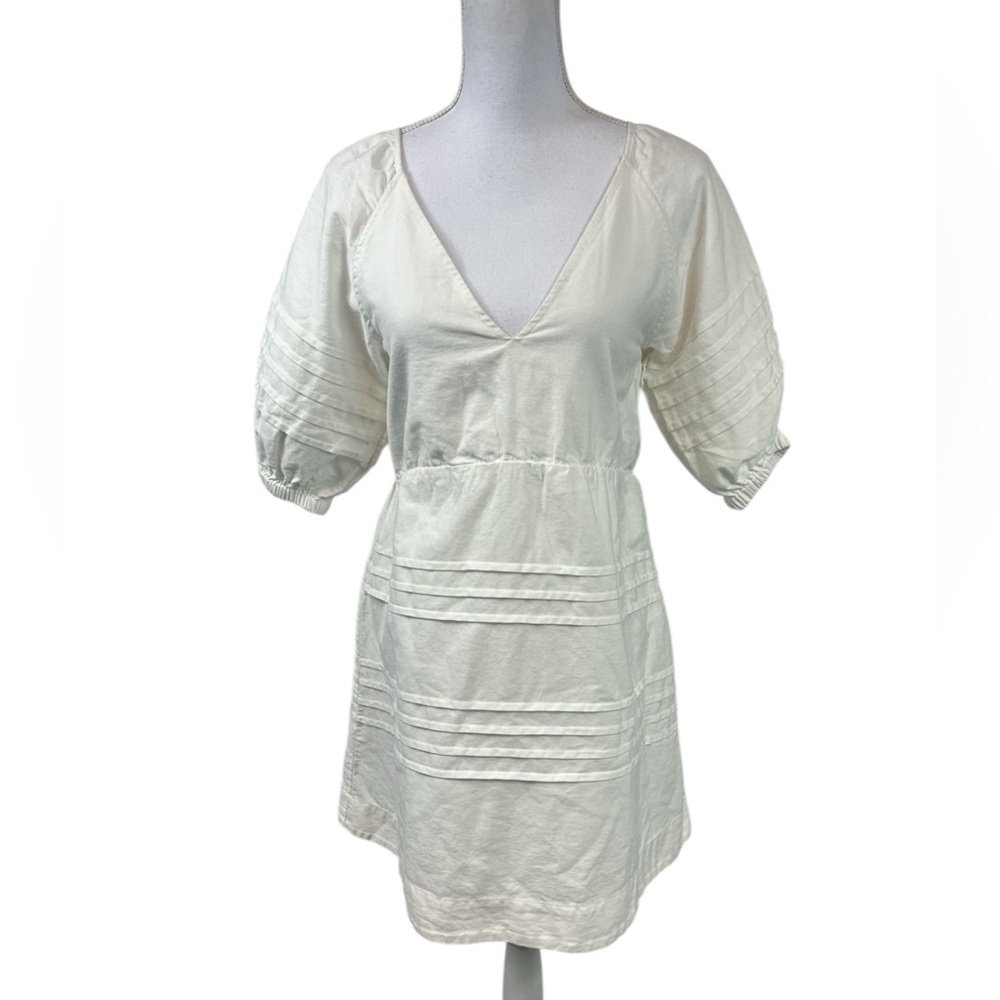7 for all Mankind Puff Sleeve Denim Babydoll Off White Dress Size Small NWT - Picture 2 of 11